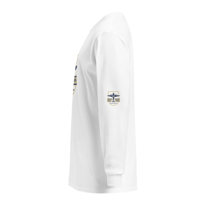 White Vintage Aviation long sleeve shirt with durable heavyweight fabric and aircraft emblem on sleeve.
