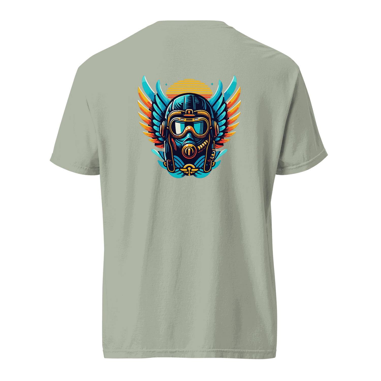 Unisex t-shirt with blue and orange flight helmet graphic on back, made of 100% ring-spun cotton, garment-dyed, heavyweight and breathable fabric