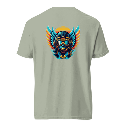 Unisex t-shirt with blue and orange flight helmet graphic on back, made of 100% ring-spun cotton, garment-dyed, heavyweight and breathable fabric