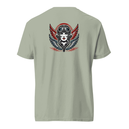 Unisex garment-dyed heavyweight t-shirt with female wings helmet graphic on the back
