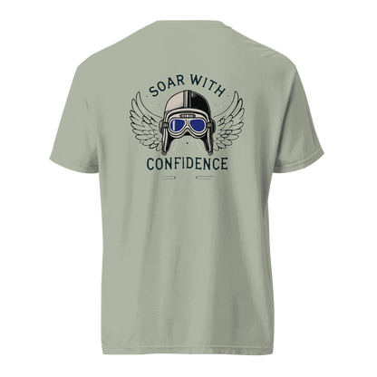 Back view of grey Flying Machine t-shirt with blue goggles and wings graphic and &quot;Soar With Confidence&quot; text