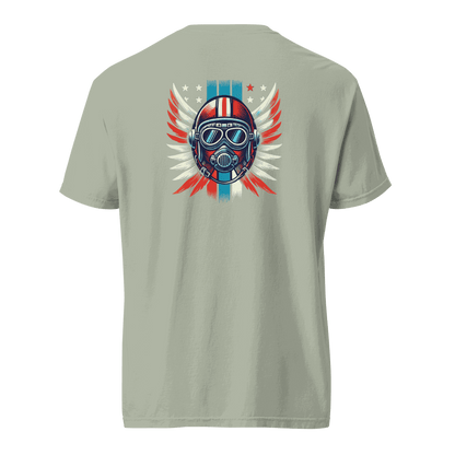 Unisex heavyweight tee with red white blue helmet graphic and winged design on back