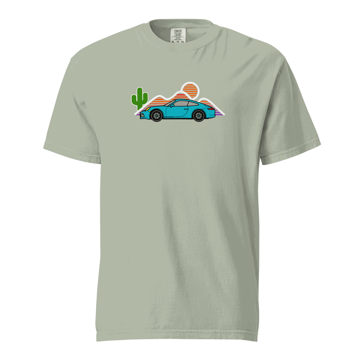 Sports car sunset graphic on soft cotton t-shirt with sunset hues