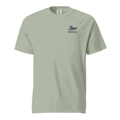 Blue and orange flight helmet graphic on soft, heavyweight unisex t-shirt made of 100% ring-spun cotton