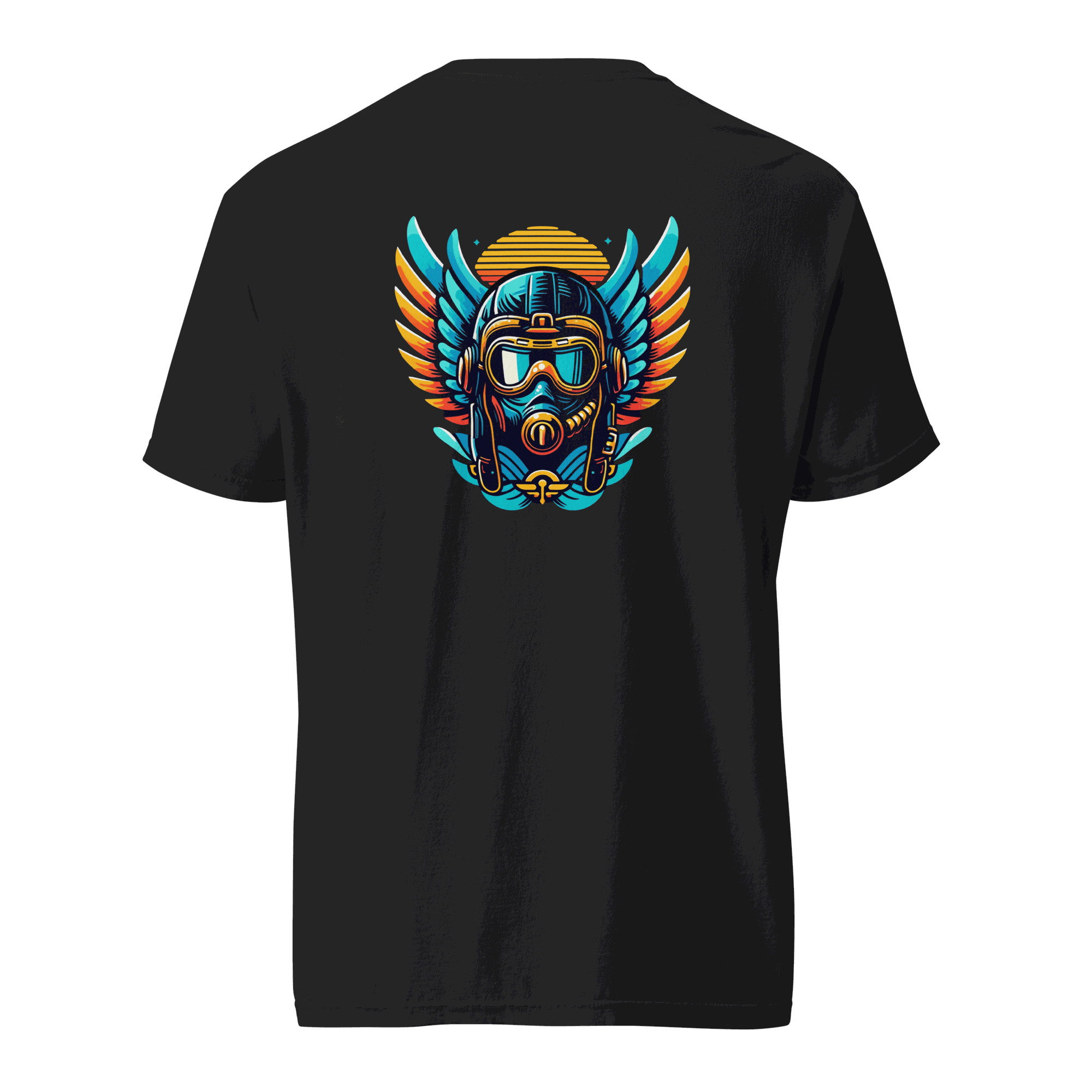 Black t-shirt with blue and orange flight helmet graphic design on the back