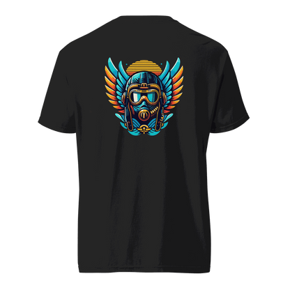 Black t-shirt with blue and orange flight helmet graphic design on the back