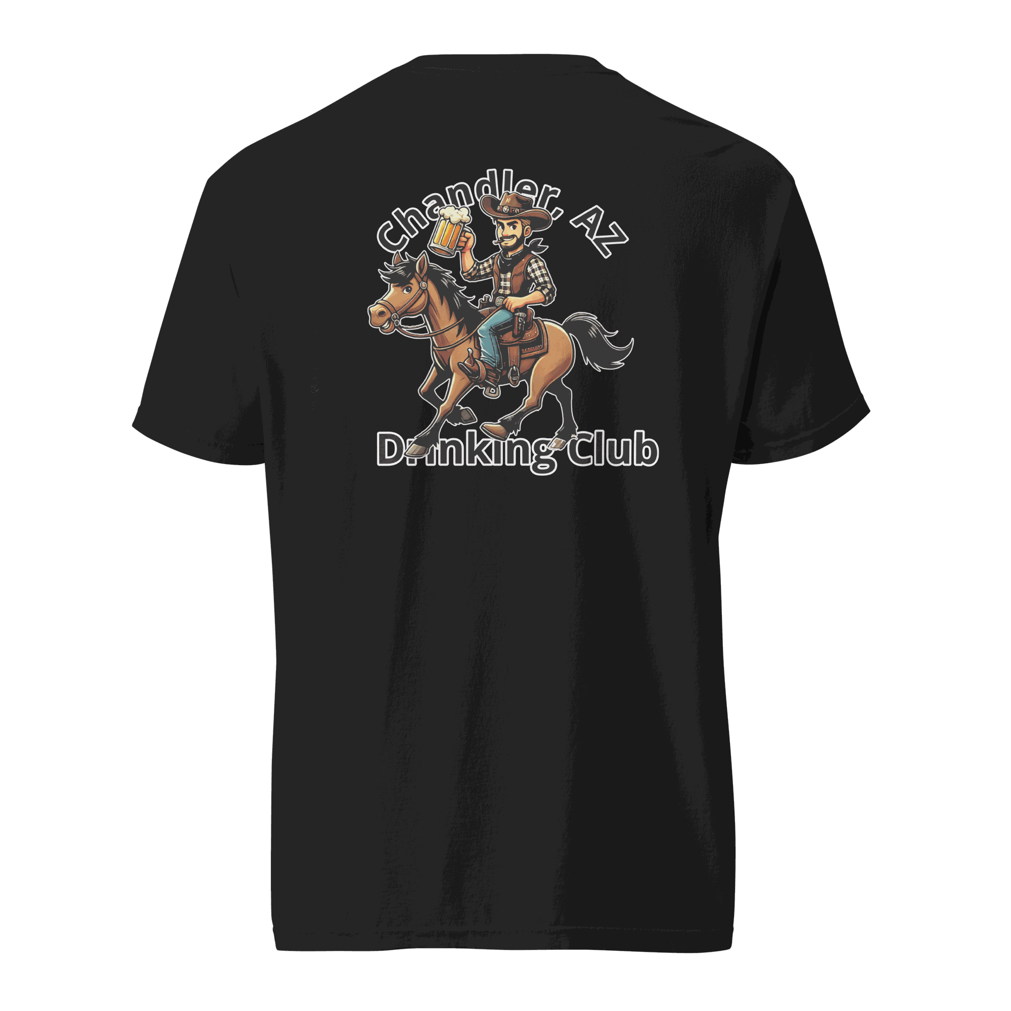 Black heavyweight t-shirt with Custom City Cowboy Horse Beer design featuring a cowboy on a horse holding beer and &quot;Chandler AZ Drinking Club&quot; text