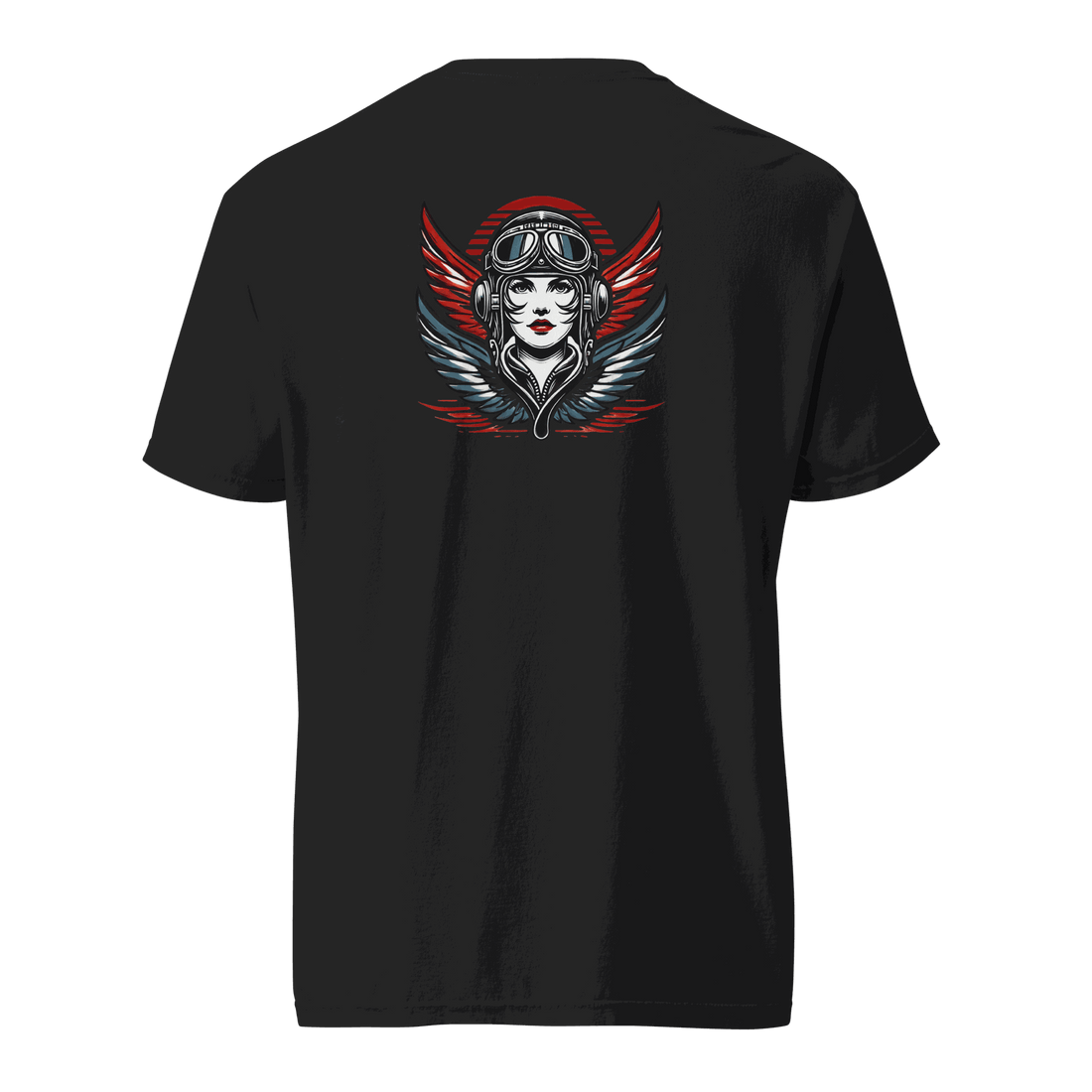 Black unisex t-shirt with female wings helmet graphic on back, made of 100% ring-spun cotton