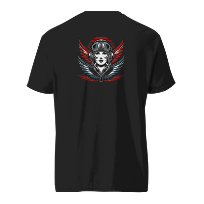 Black unisex t-shirt with female wings helmet graphic on back, made of 100% ring-spun cotton