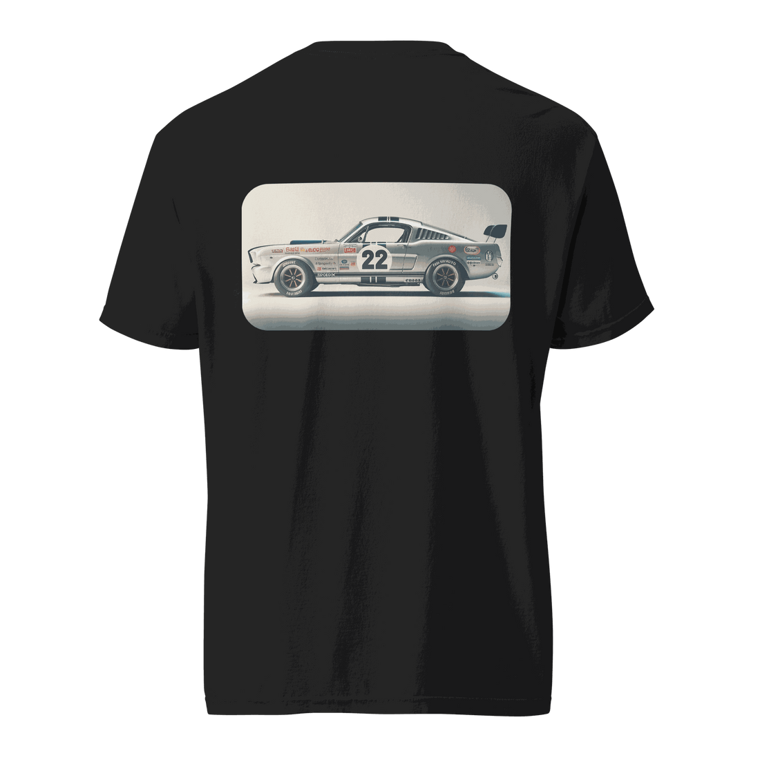 Heritage Mustang Back T-shirt in black with vintage race car graphic on the back, made of 100% ring-spun cotton.