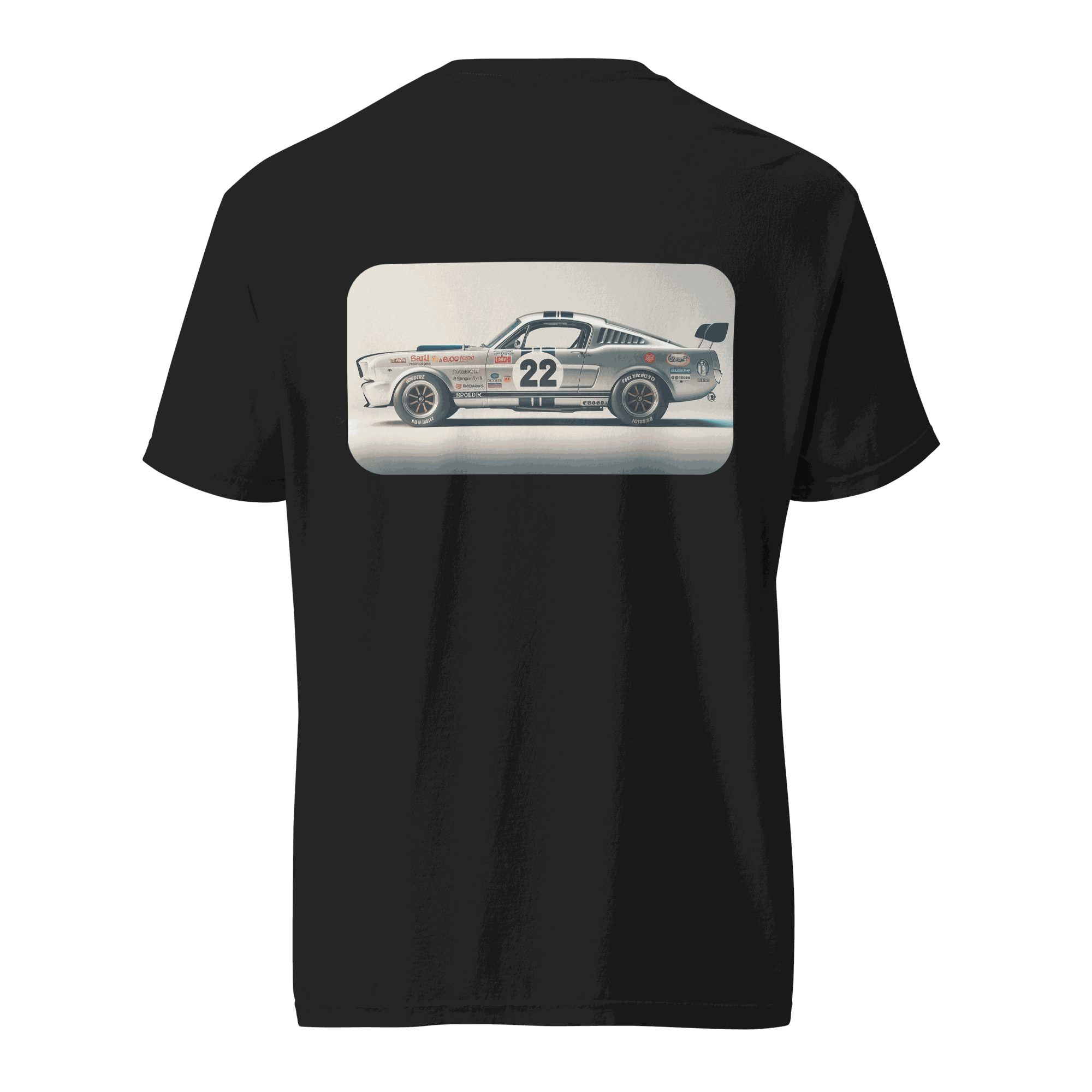 Heritage Mustang Back T-shirt in black with vintage race car graphic on the back, made of 100% ring-spun cotton.