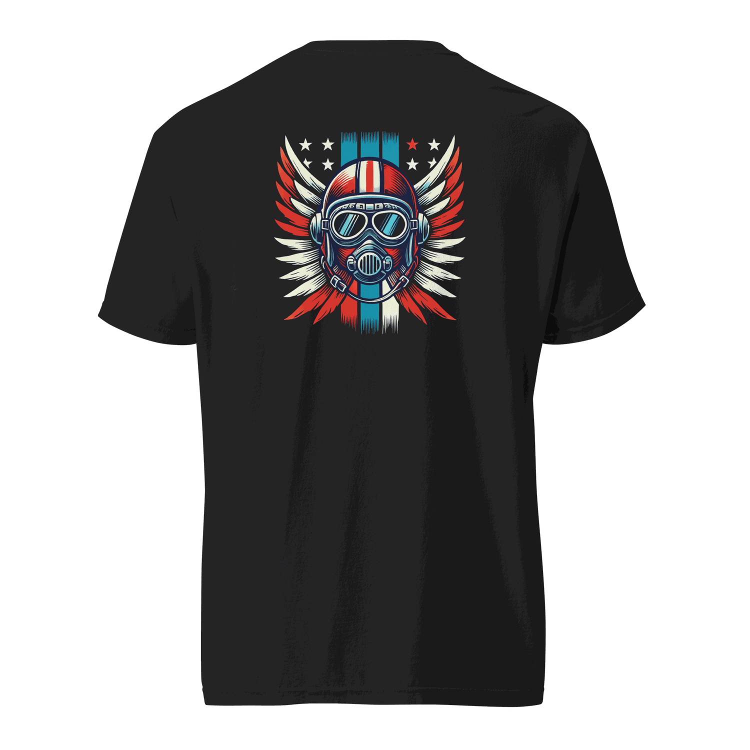 Black t-shirt with red white blue helmet and wings graphic on back, 100% cotton, unisex heavyweight tee