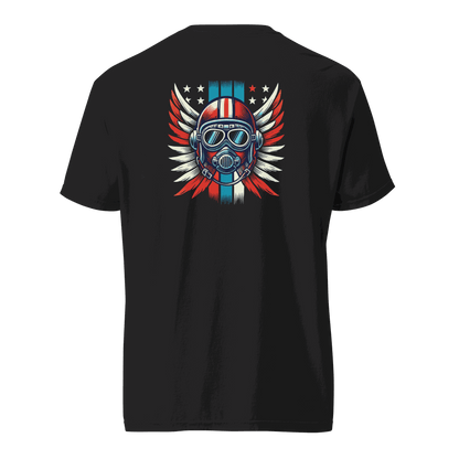 Black t-shirt with red white blue helmet and wings graphic on back, 100% cotton, unisex heavyweight tee