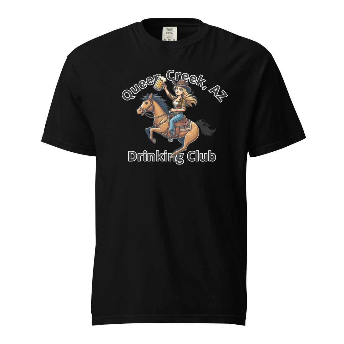 Queen Creek AZ Cowgirl Drinking Club unisex heavyweight black cotton t-shirt with horse and rider graphic