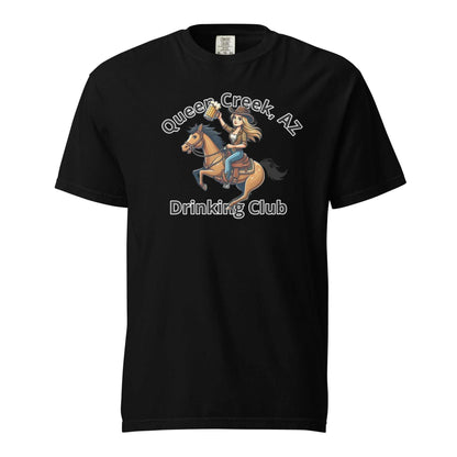 Queen Creek AZ Cowgirl Drinking Club unisex heavyweight black cotton t-shirt with horse and rider graphic