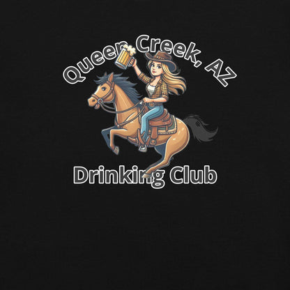 Queen Creek AZ Cowgirl Drinking Club graphic printed on black unisex heavyweight cotton t-shirt