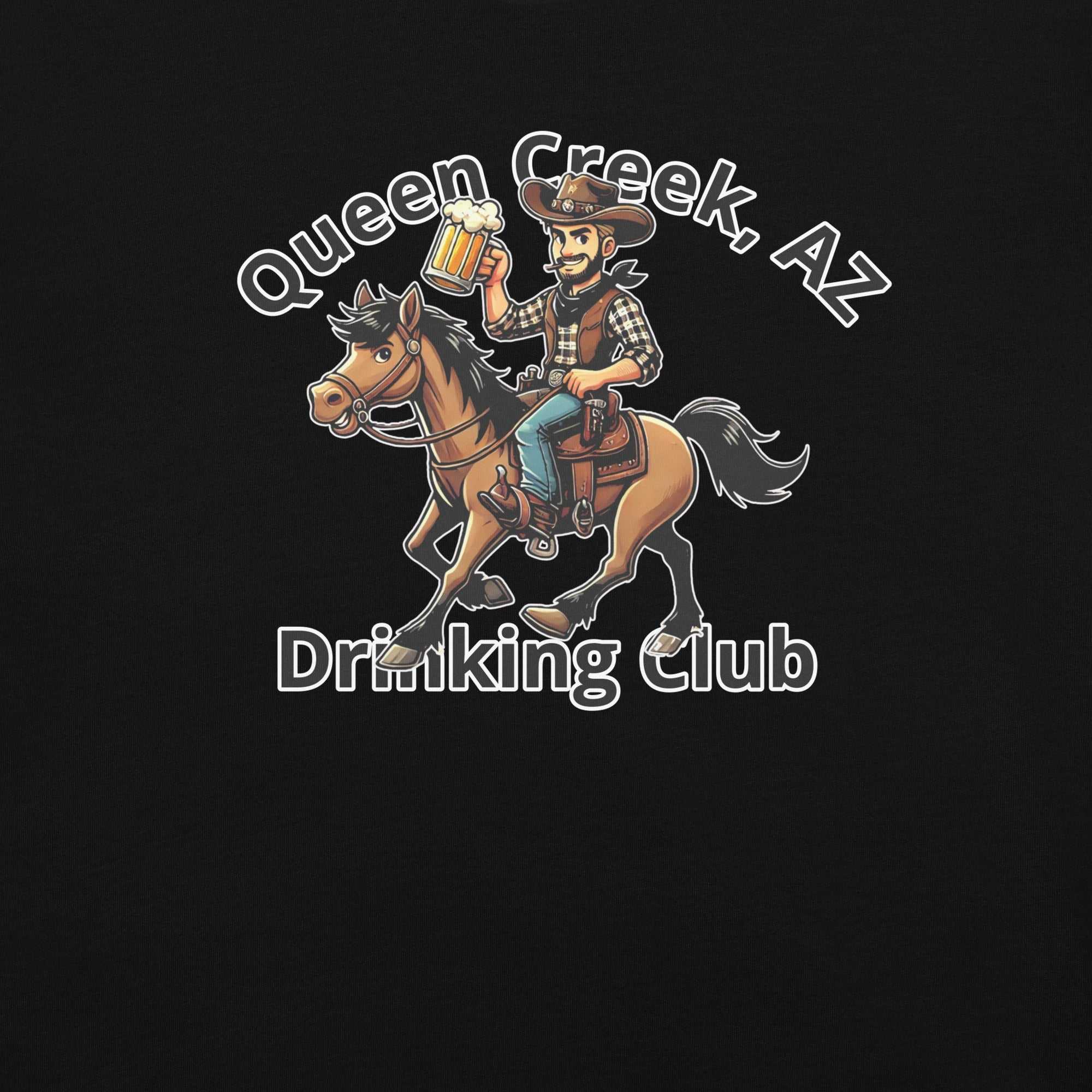 Queen Creek AZ Cowboy Drinking Club logo with cowboy on horseback holding beer mug on black heavyweight t-shirt