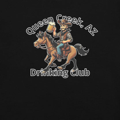 Queen Creek AZ Cowboy Drinking Club logo with cowboy on horseback holding beer mug on black heavyweight t-shirt