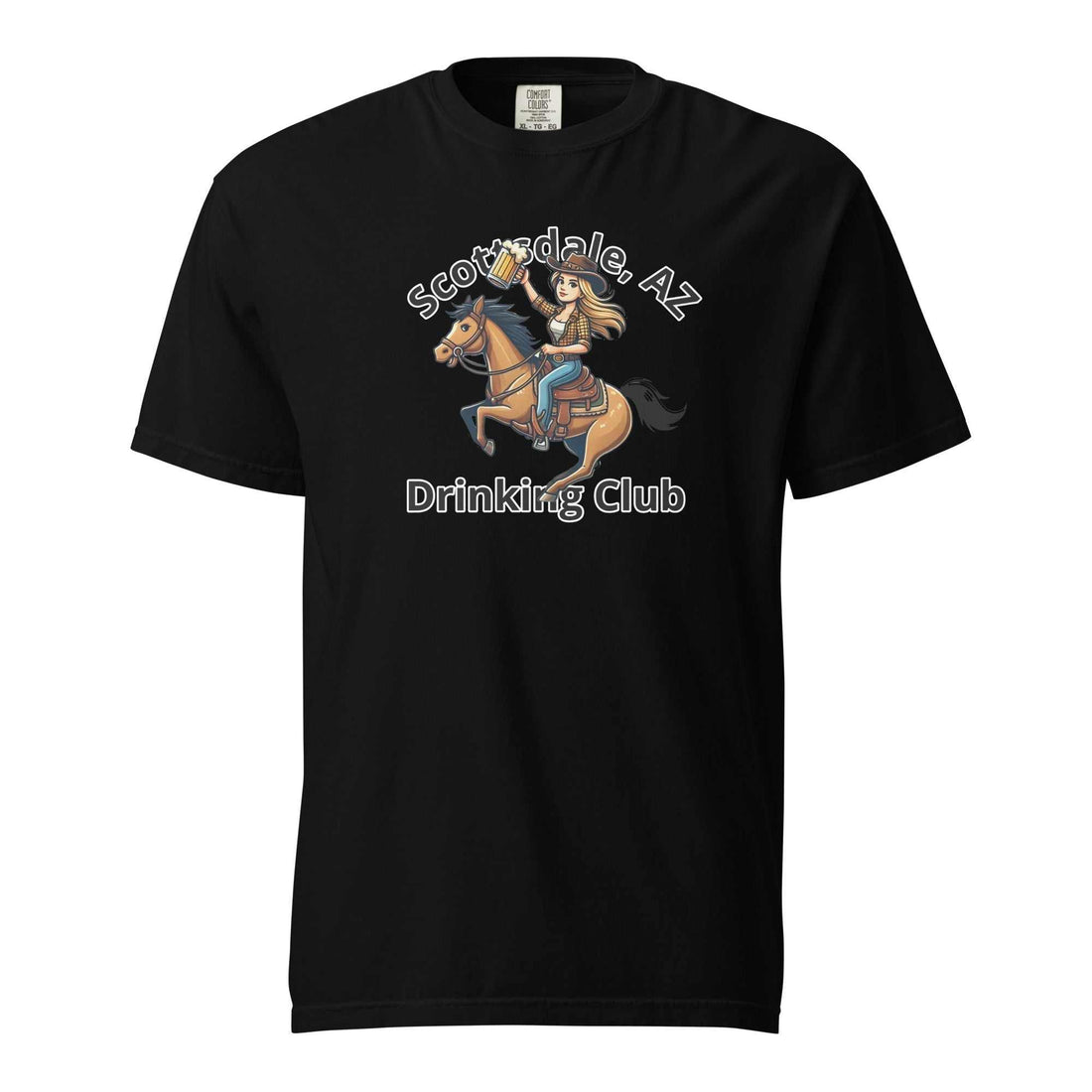 Black Scottsdale Cowgirl Horse Beer unisex heavyweight cotton t-shirt with graphic of cowgirl riding horse holding beer mug