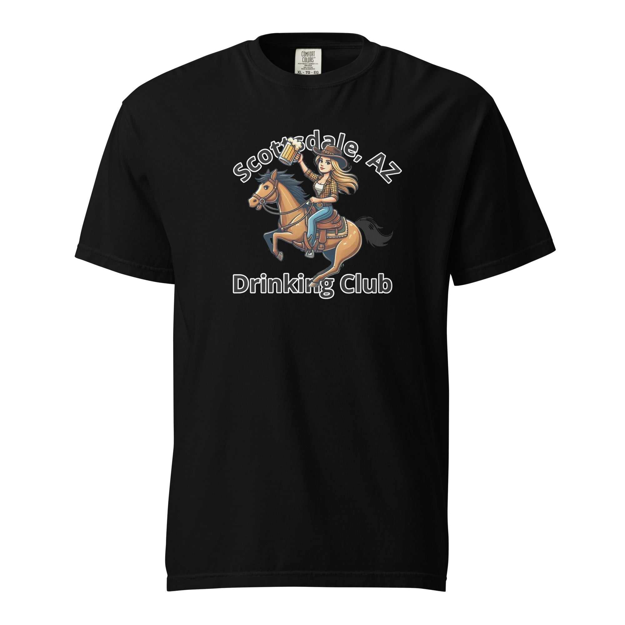 Black Scottsdale Cowgirl Horse Beer unisex heavyweight cotton t-shirt with graphic of cowgirl riding horse holding beer mug