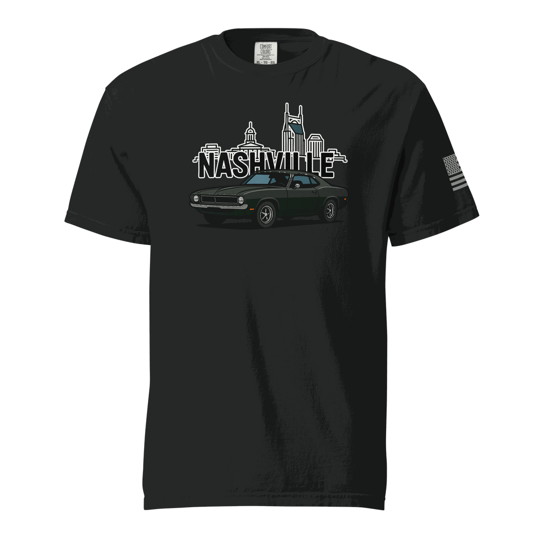 Nashville classic car t-shirt featuring a vintage car and Nashville skyline design on a black background.