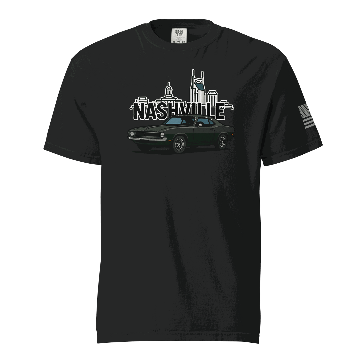 Nashville classic car t-shirt featuring a vintage car and Nashville skyline design on a black background.