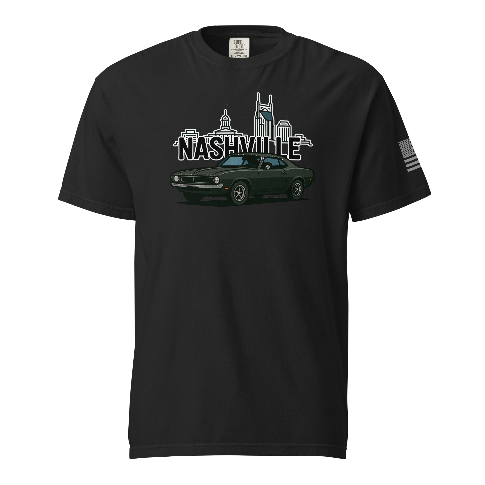 Nashville classic car t-shirt featuring a vintage car and Nashville skyline design on a black background.