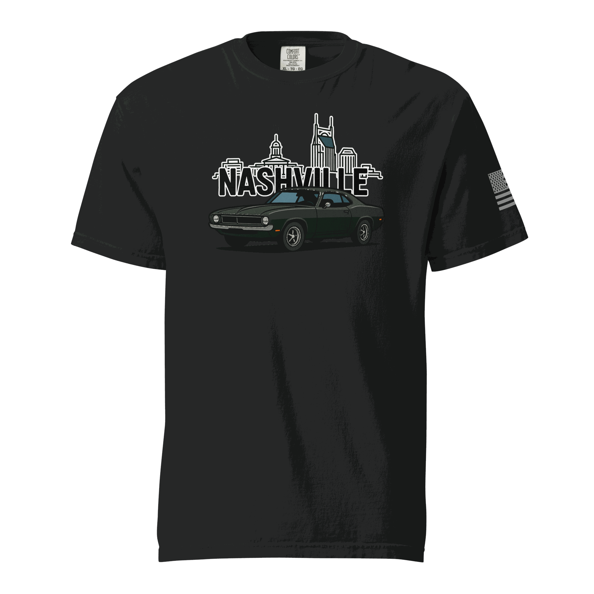 Nashville classic car t-shirt featuring a vintage car and Nashville skyline design on a black background.