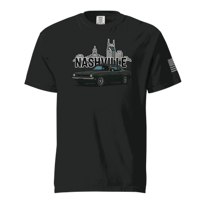 Nashville classic car t-shirt featuring a vintage car and Nashville skyline design on a black background.