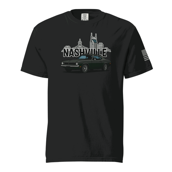 Nashville classic car t-shirt featuring a vintage car and Nashville skyline design on a black background.