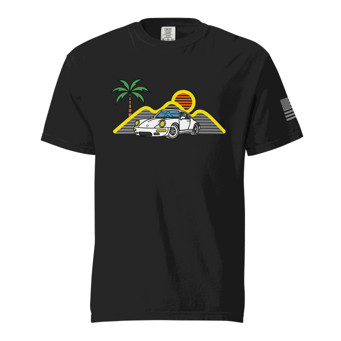 Sport car t-shirt with retro sunset and sports car silhouette design for car lovers