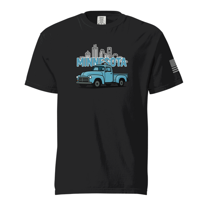 Black Minnesota classic truck t-shirt with vintage blue truck and city skyline design
