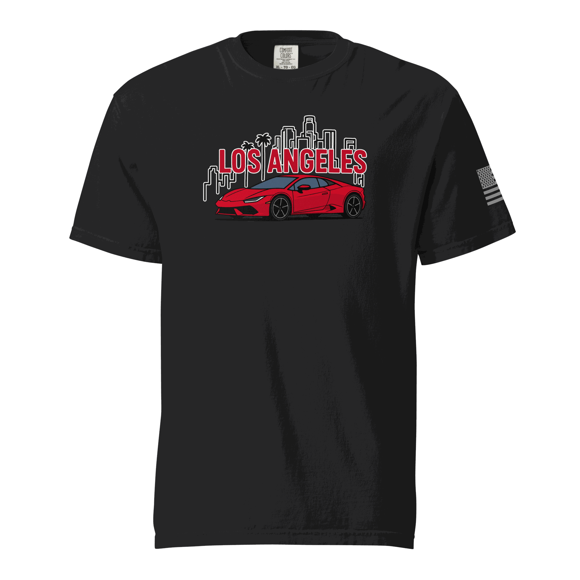 Black Los Angeles Tee with red supercar and city skyline graphic on front