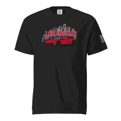 Black Los Angeles Tee with red supercar and city skyline graphic on front