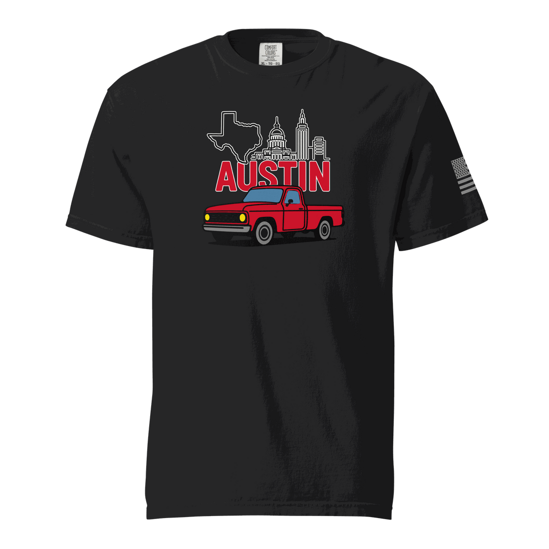 Black Austin Texas t shirts with retro truck and skyline graphic and Keep Austin Weird design