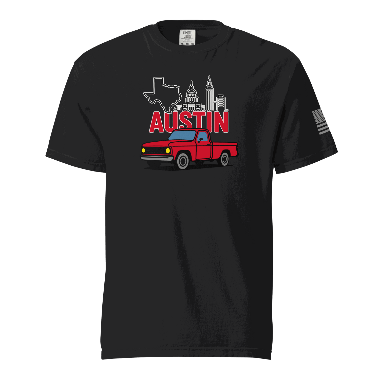Black Austin Texas t shirts with retro truck and skyline graphic and Keep Austin Weird design