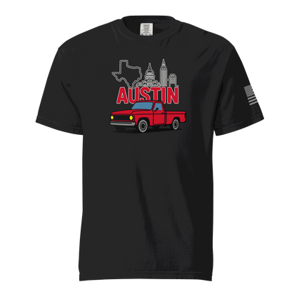 Black Austin Texas t shirts with retro truck and skyline graphic and Keep Austin Weird design