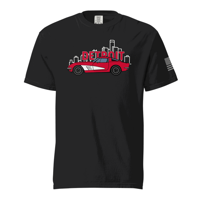 Black Detroit Corvette T-shirt with red classic sports car and Detroit skyline graphic