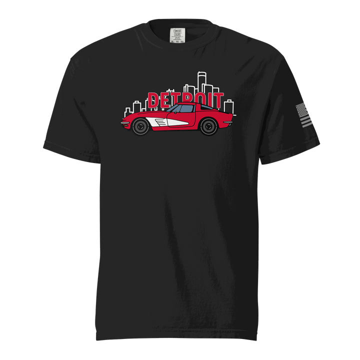 Black Detroit Corvette T-shirt with red classic sports car and Detroit skyline graphic