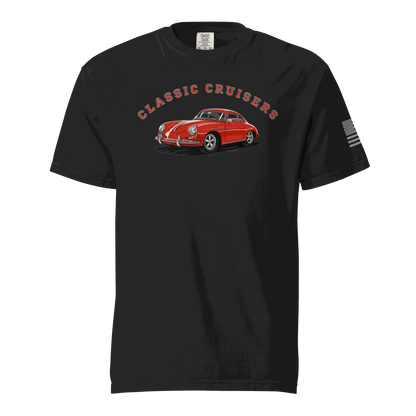 Black Varsity Sports Car t-shirt with red classic cruiser car graphic on front and American flag on sleeve, made of heavyweight cotton
