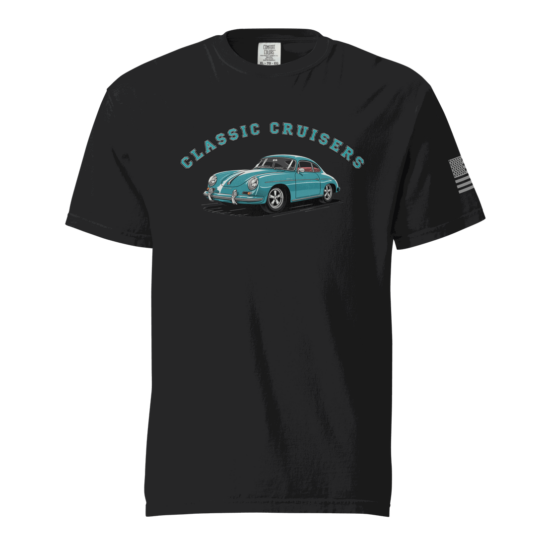 Black vintage sports car t-shirt with classic cruisers graphic and American flag on sleeve