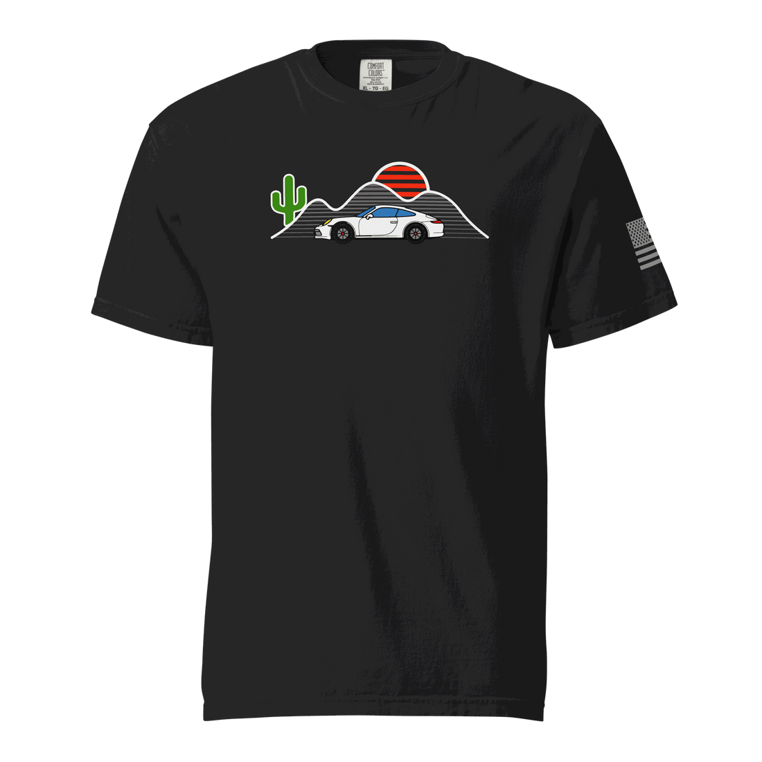 Black Sunset Sports Car T-Shirt with vintage car, red sun, cactus, and mountain graphic on front and American flag on sleeve