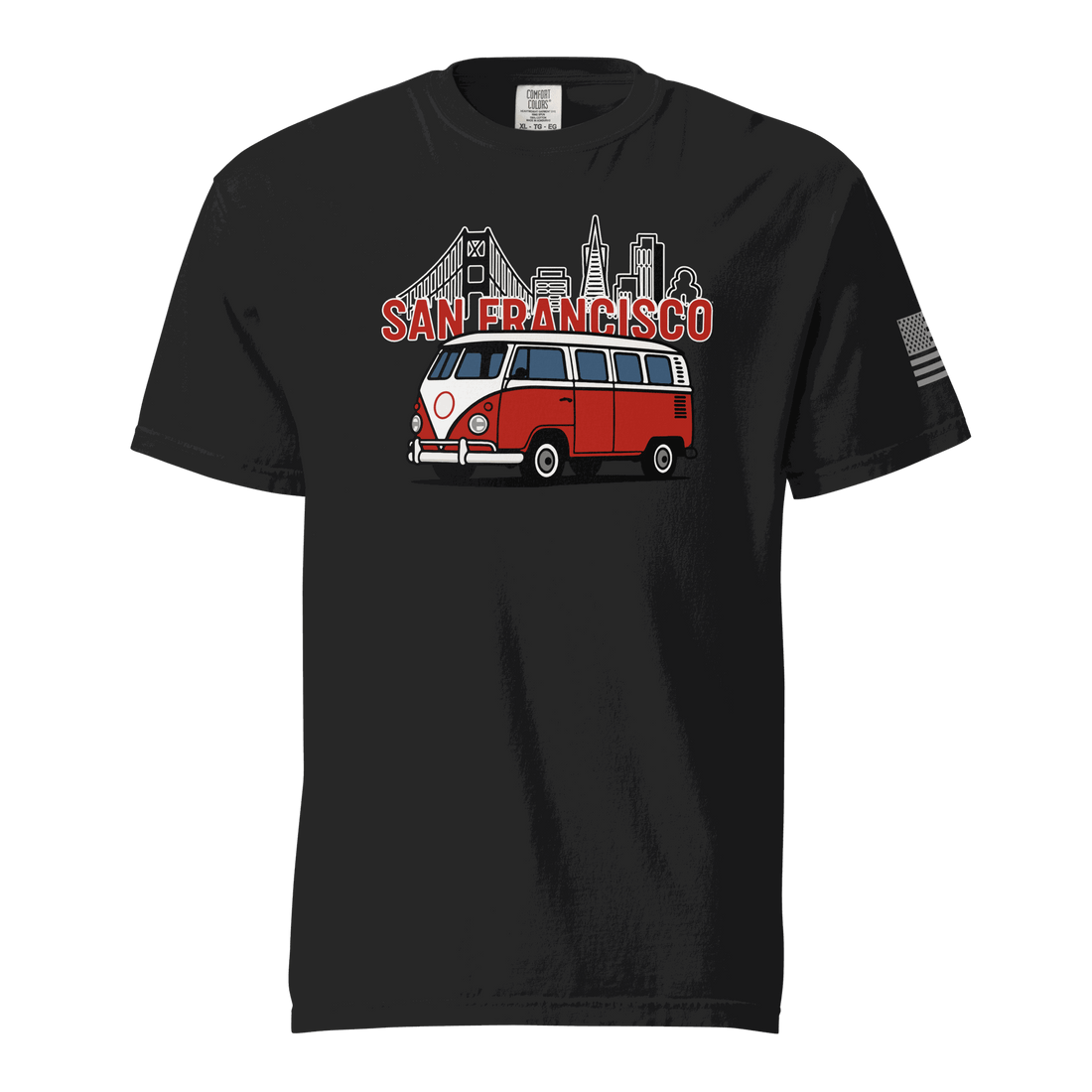 Vintage San Francisco black t-shirt with red and white classic van and city skyline design