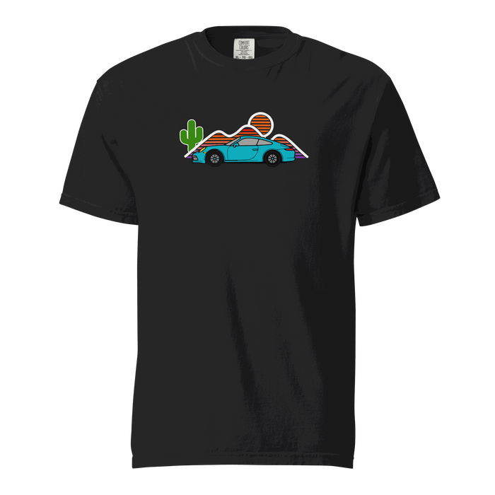 Sports car sunset t-shirt with vintage car silhouette at sunset on soft cotton fabric