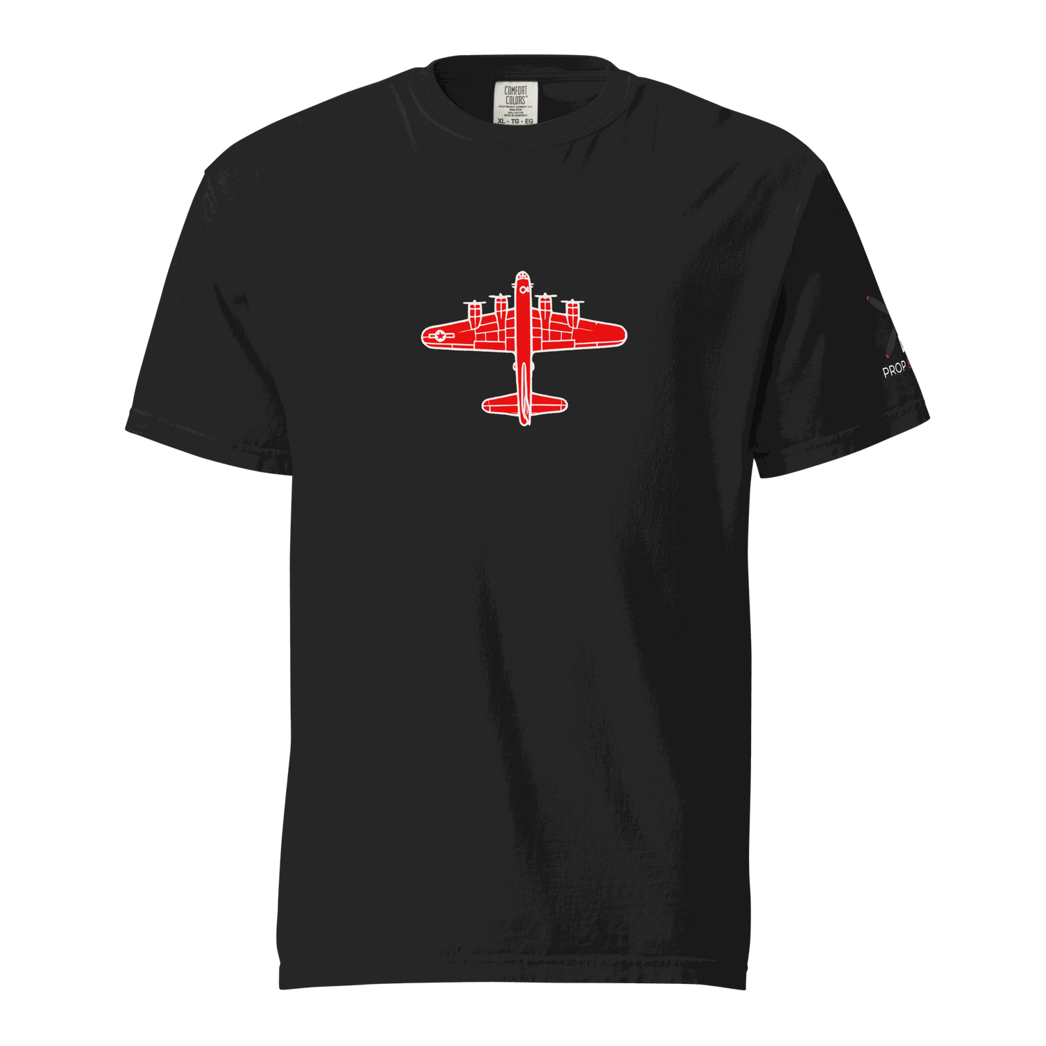 WW2 T-shirt Black thick structured tee with red bomber airplane graphic, 100% ring-spun cotton, relaxed fit