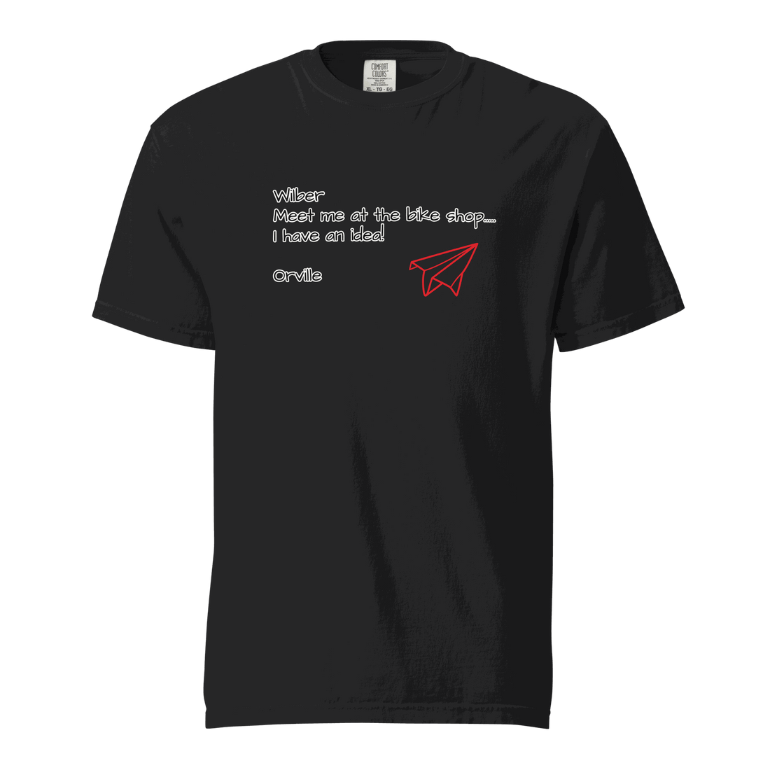 Black Bike Shop Wilbur unisex heavyweight t-shirt with red paper airplane graphic and white text design