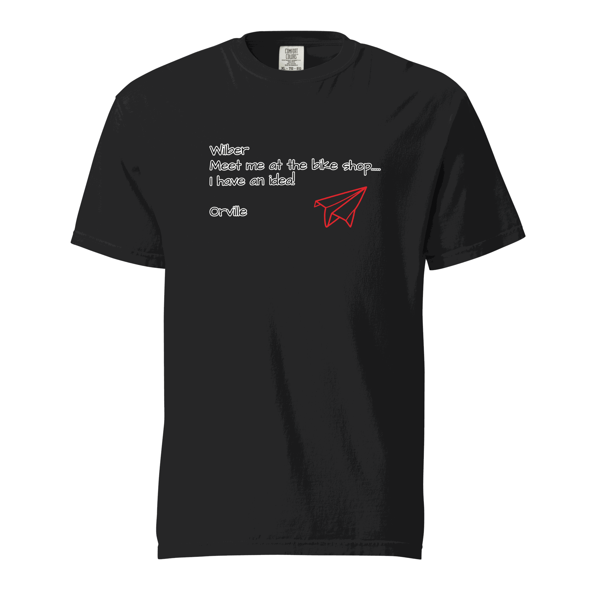 Black Bike Shop Wilbur unisex heavyweight t-shirt with red paper airplane graphic and white text design