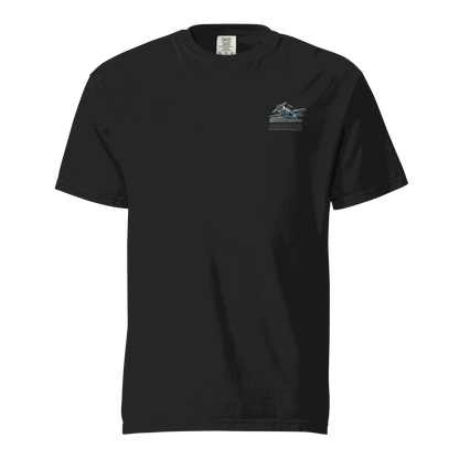 Black heavyweight ring-spun cotton t-shirt with female wings helmet graphic on chest