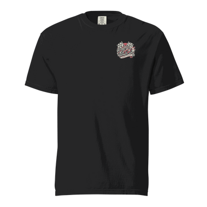 Heritage Classic Car black heavyweight unisex t-shirt with vintage car and checkered flag design