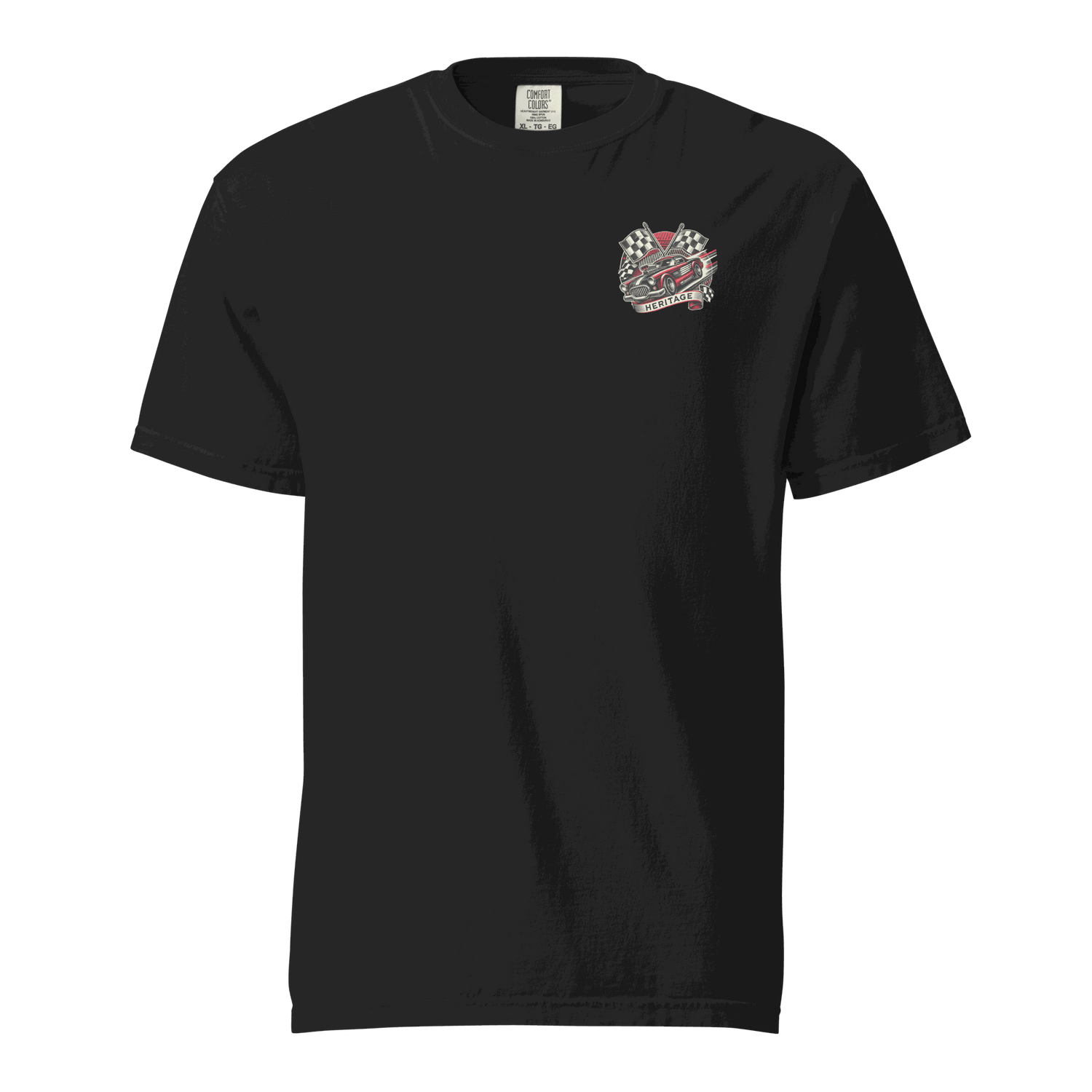 Heritage Mustang Back black unisex heavyweight cotton t-shirt with small front graphic and relaxed fit